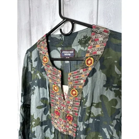 NWT JOHNNY WAS GREEN FLORAL RAMIE LINEN EMBROIDERED FLARE SLEEVE TUNIC  DRESS XS